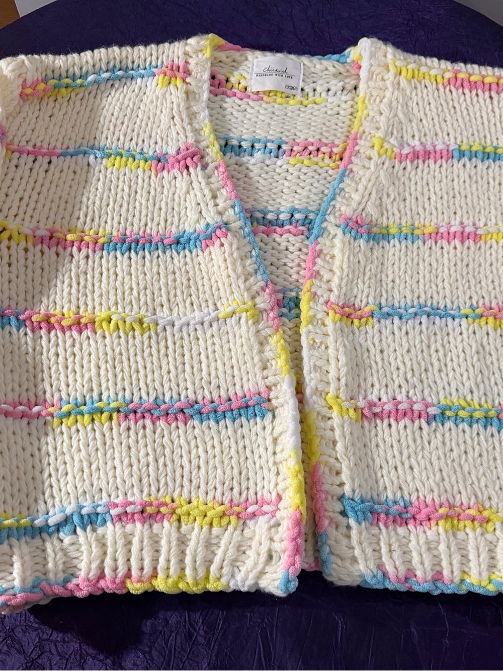 Chicwish Ivory Knit Cardigan with Pastel Pink, Blue & Yellow Stripes.